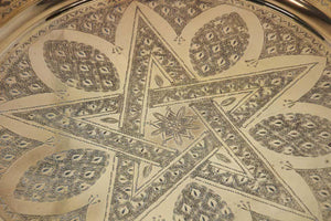 Antique Moroccan Brass Tray Star Etched Collectible Polished Platter 22.5 in. D.