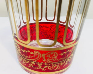 Set of Six Ruby Red Glasses with Gold Raised Moorish Frieze Design