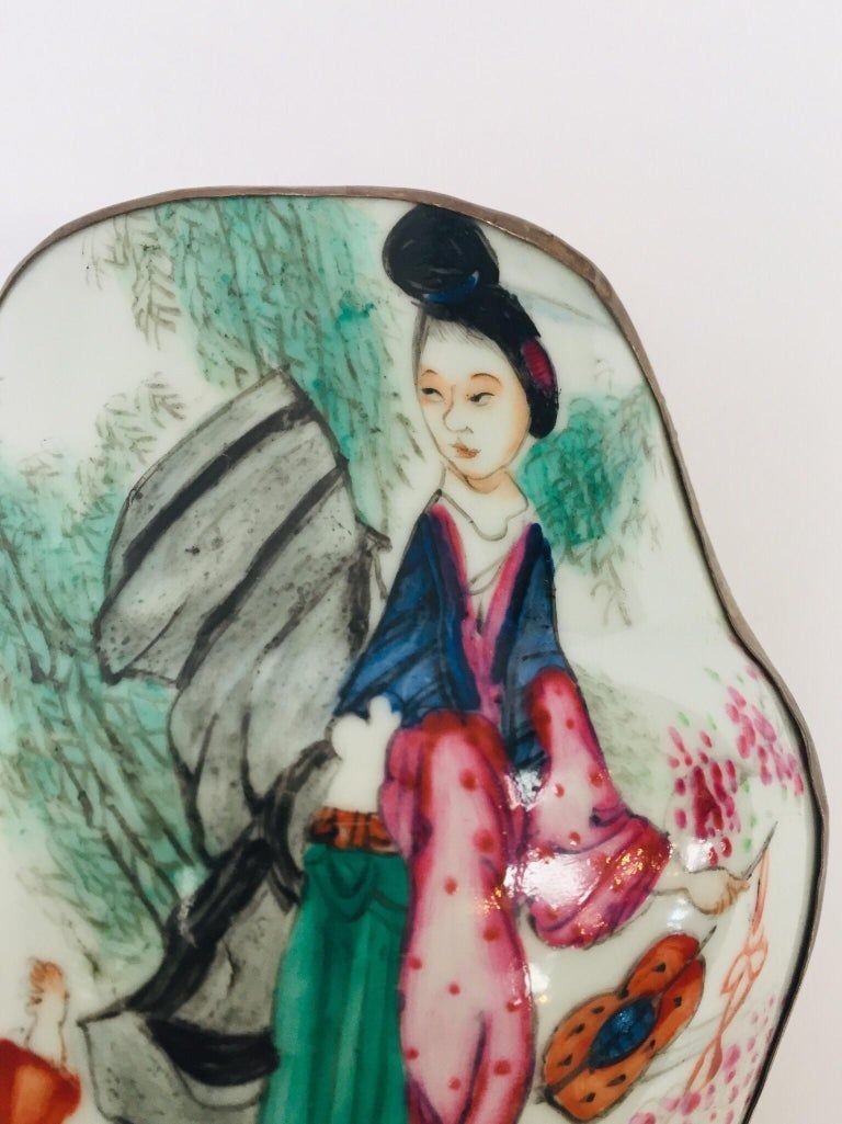 Vintage Trinket Metal Box with Porcelain Top Hand Painted Asian Scene