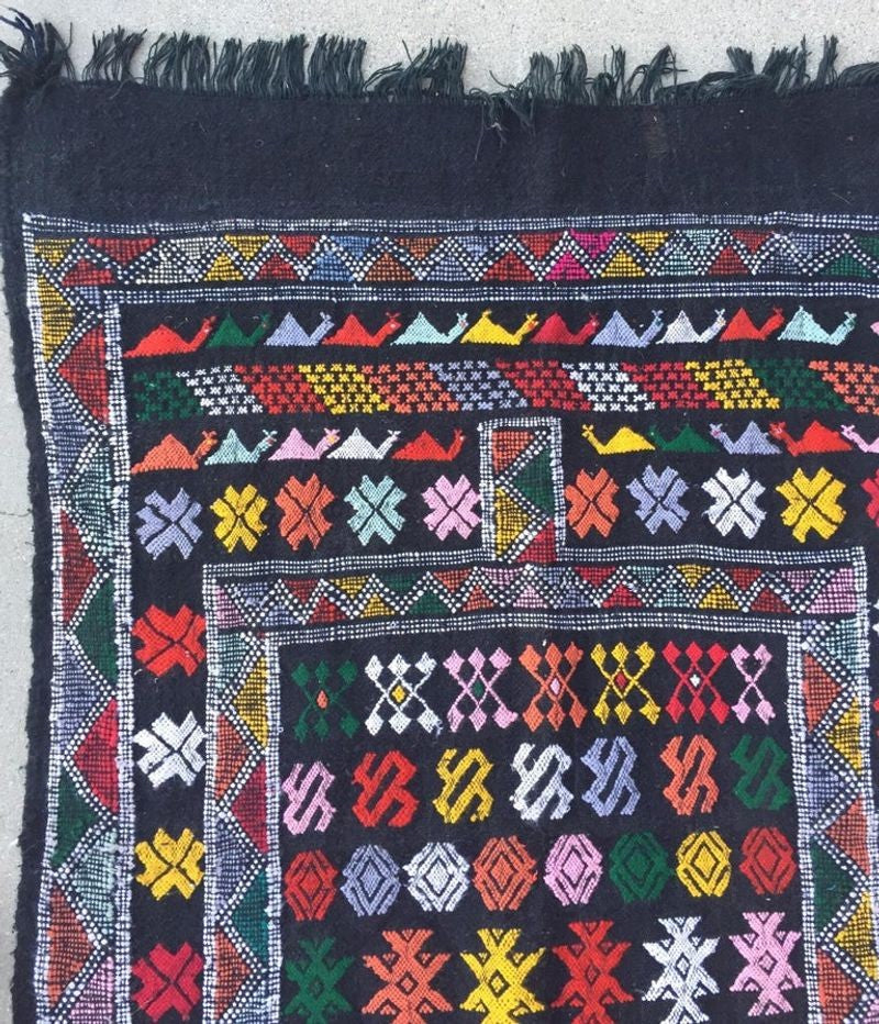 Moroccan Vintage North African Black Tribal Kilim Rug
