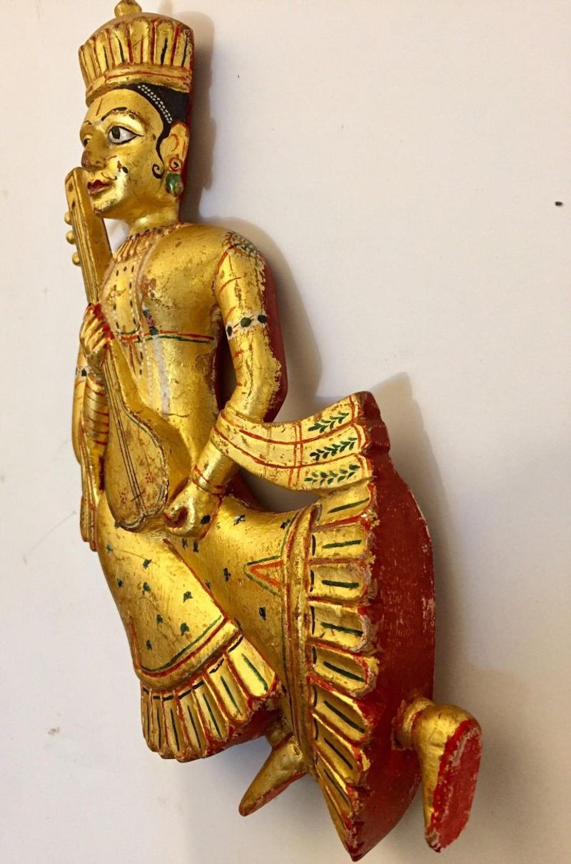 Hand Carved Wood Rajasthani Female Musicians Wall Sculptures from India Set of 2