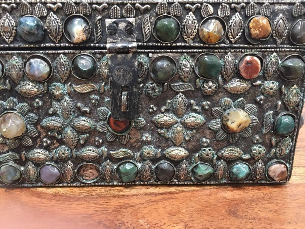 Large Moroccan Wedding Silvered Jewelry Box Inlaid with Semi-Precious Stones