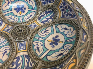 Moroccan Ceramic Plate Adorned with Silver Filigree from Fez