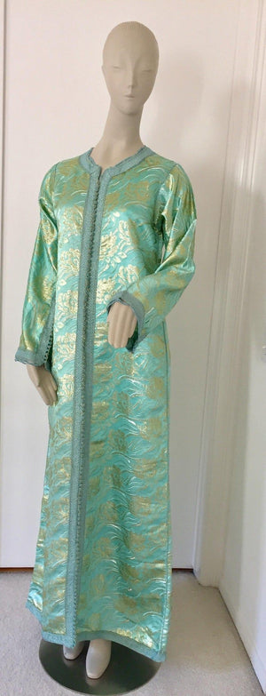 Moroccan Kaftan in Aqua and Gold Floral Brocade Metallic Lame
