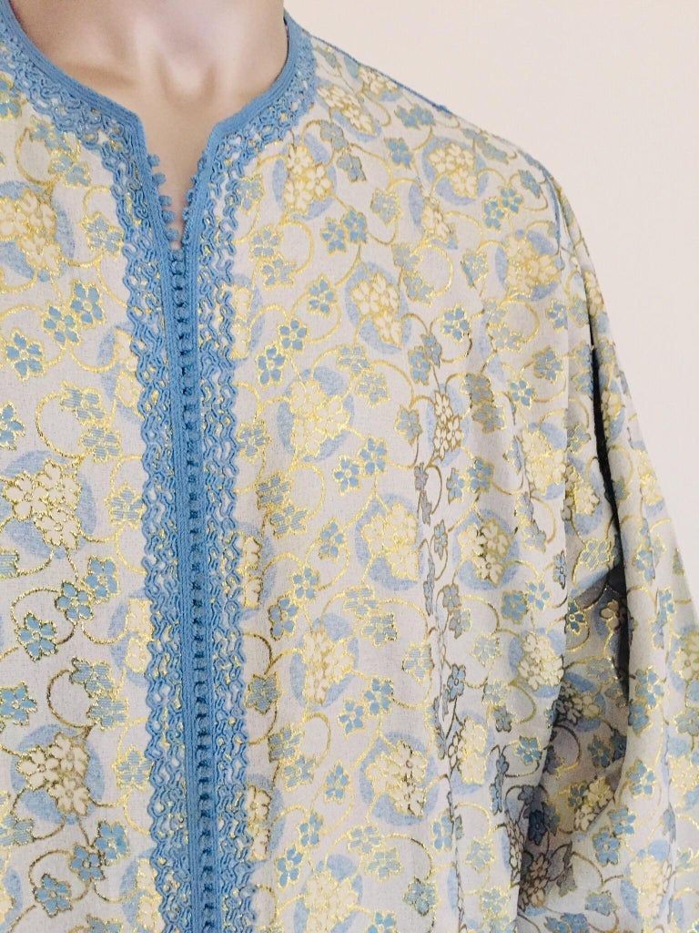 Metallic Blue and Silver Brocade 1970s Maxi Dress Caftan, Evening Gown Kaftan