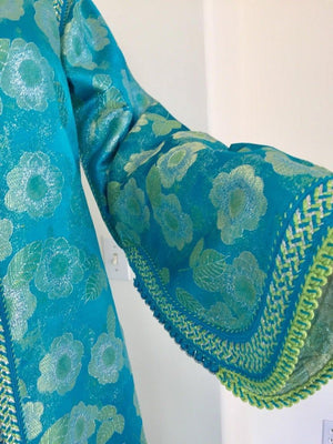 Moroccan Kaftan in Turquoise and Gold Floral Brocade Metallic Lame