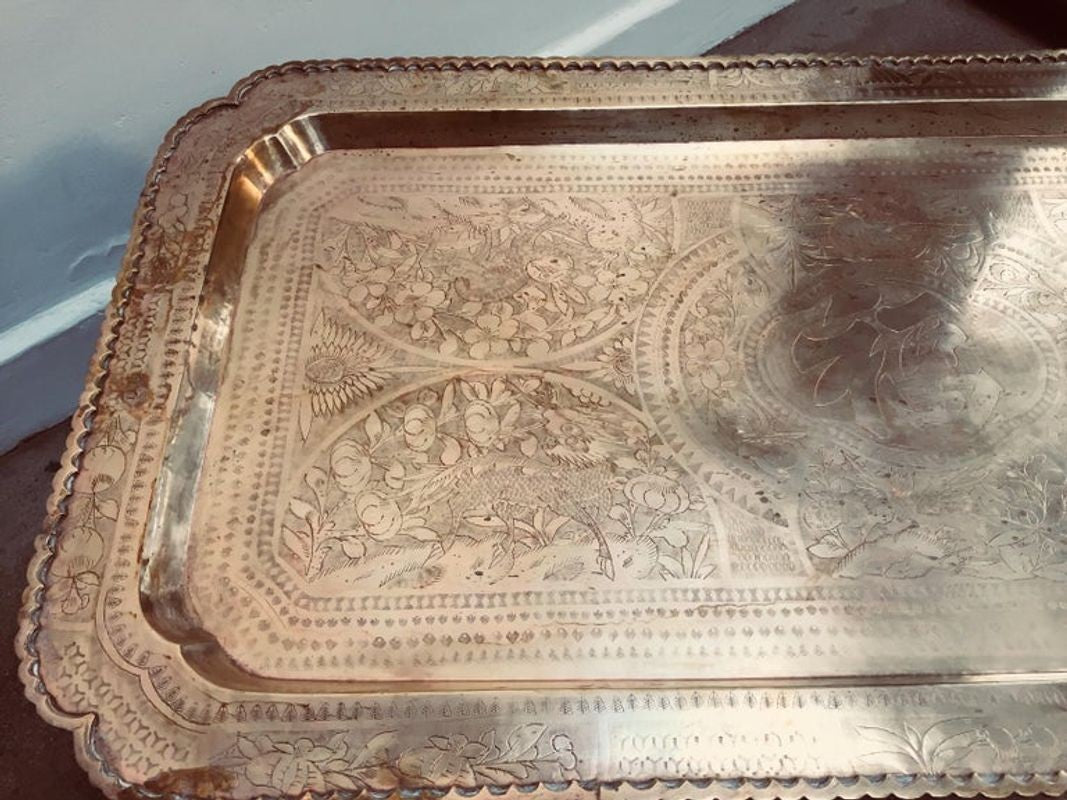 1960s Boho Chic Rectangular Brass Tray Coffee Table