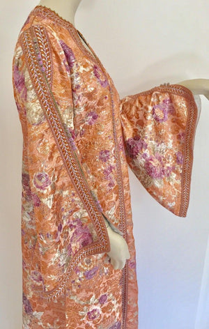 Moroccan Kaftan Orange and Purple Floral with Gold Embroidered Maxi Dress Caftan