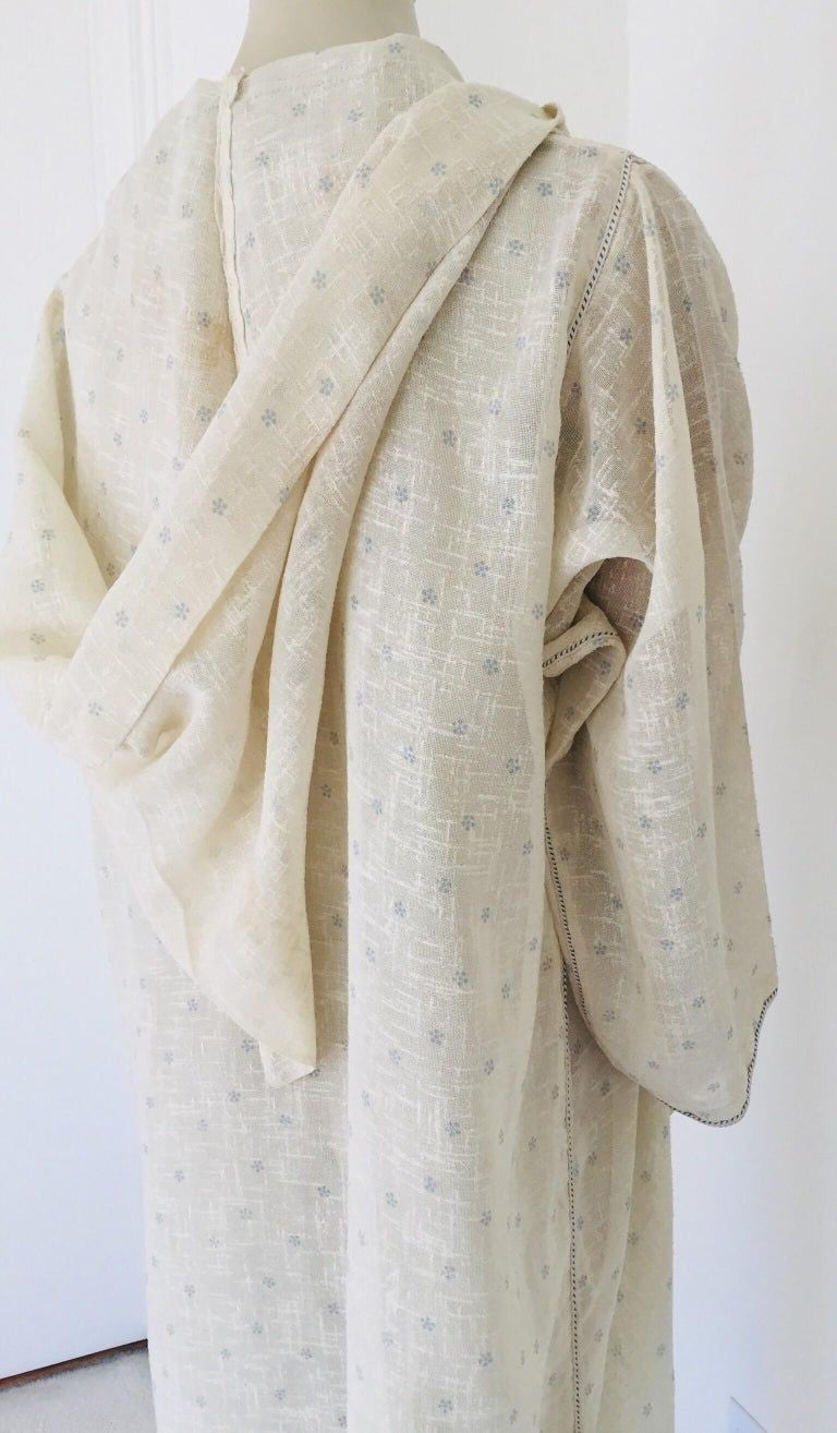 1970 Moroccan Hooded Caftan White and Blue Linen Djellabah Kaftan