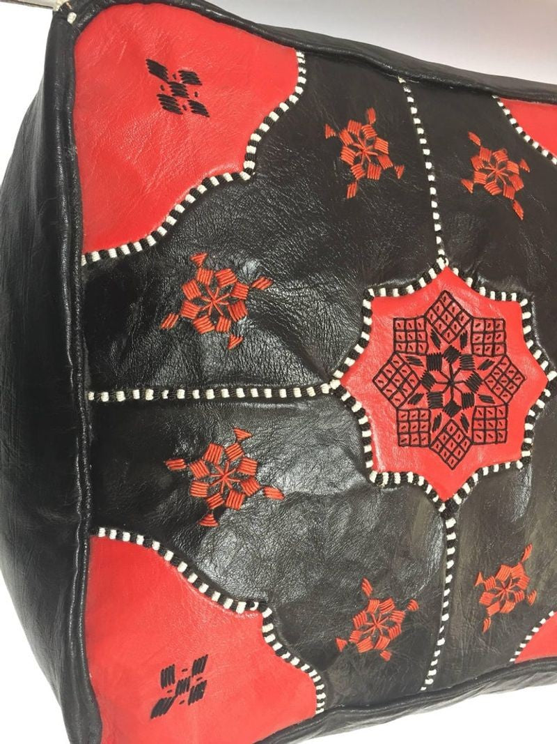 Vintage Moroccan Leather Rectangular Pouf in Red and Black