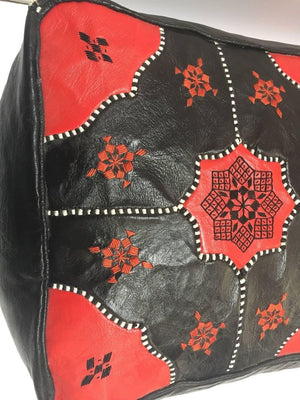 Vintage Moroccan Leather Rectangular Pouf in Red and Black