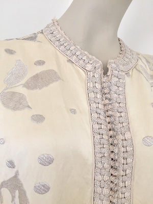 1960's Vintage Moroccan Caftan with Silver Metallic Floral Silk Brocade