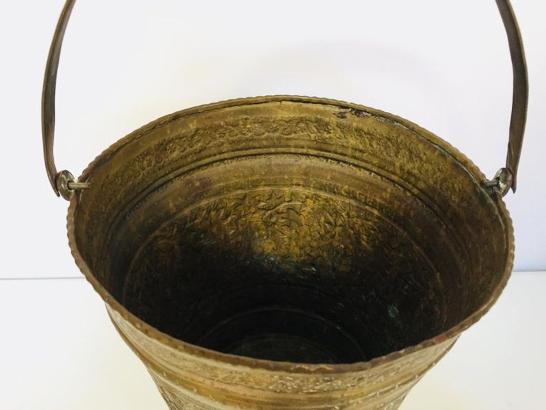Handcrafted Copper Vessel Bucket with Floral Design, India