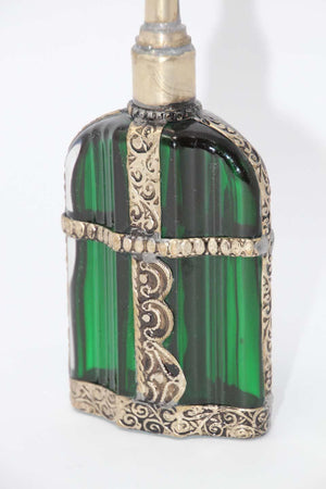 Moorish Emerald Green Glass Perfume Bottle Sprinkler with Embossed Metal Overlay