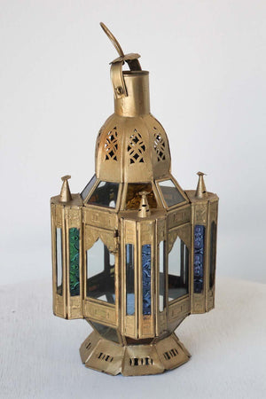 Moroccan Candle Lantern in Moorish Gilt Metal and Glass