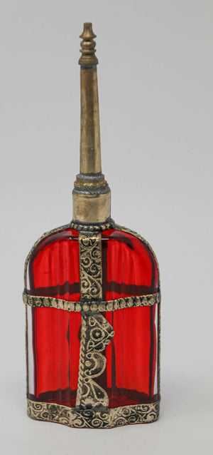 Moroccan Red Glass Perfume Bottle Sprinkler with Embossed Metal Overlay