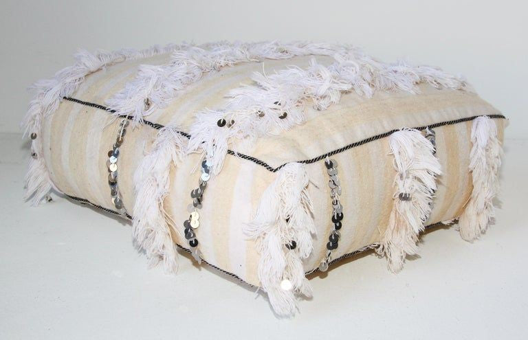 Moroccan White Floor Pillow with Silver Sequins and Long Fringes