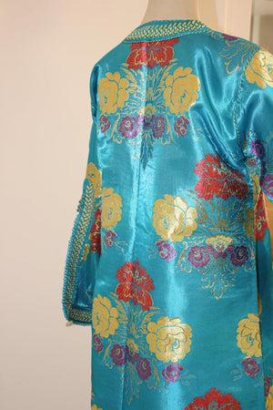 Elegant Moroccan Caftan in Blue Metallic Floral Brocade