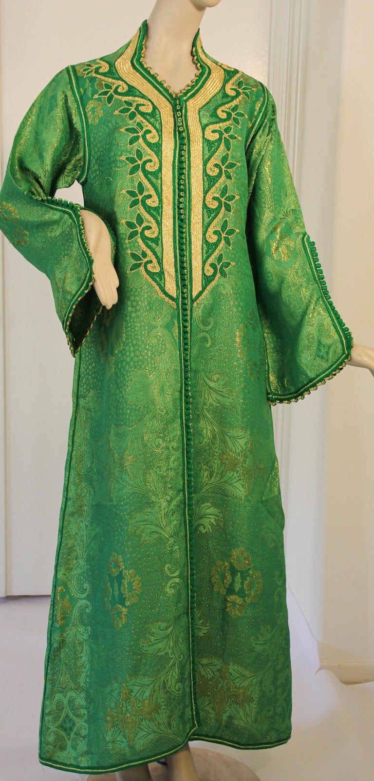 Elegant Moroccan Caftan Emerald Green and Gold Metallic Brocade