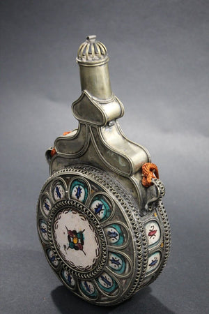 Moroccan Ceramic Flask Bottle from Fez with Silvered Filigree