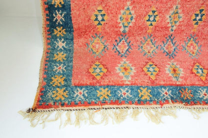 1960s Moroccan Berber Rug, Coral and Teal Geometric Wool, 4'10" × 9'10"