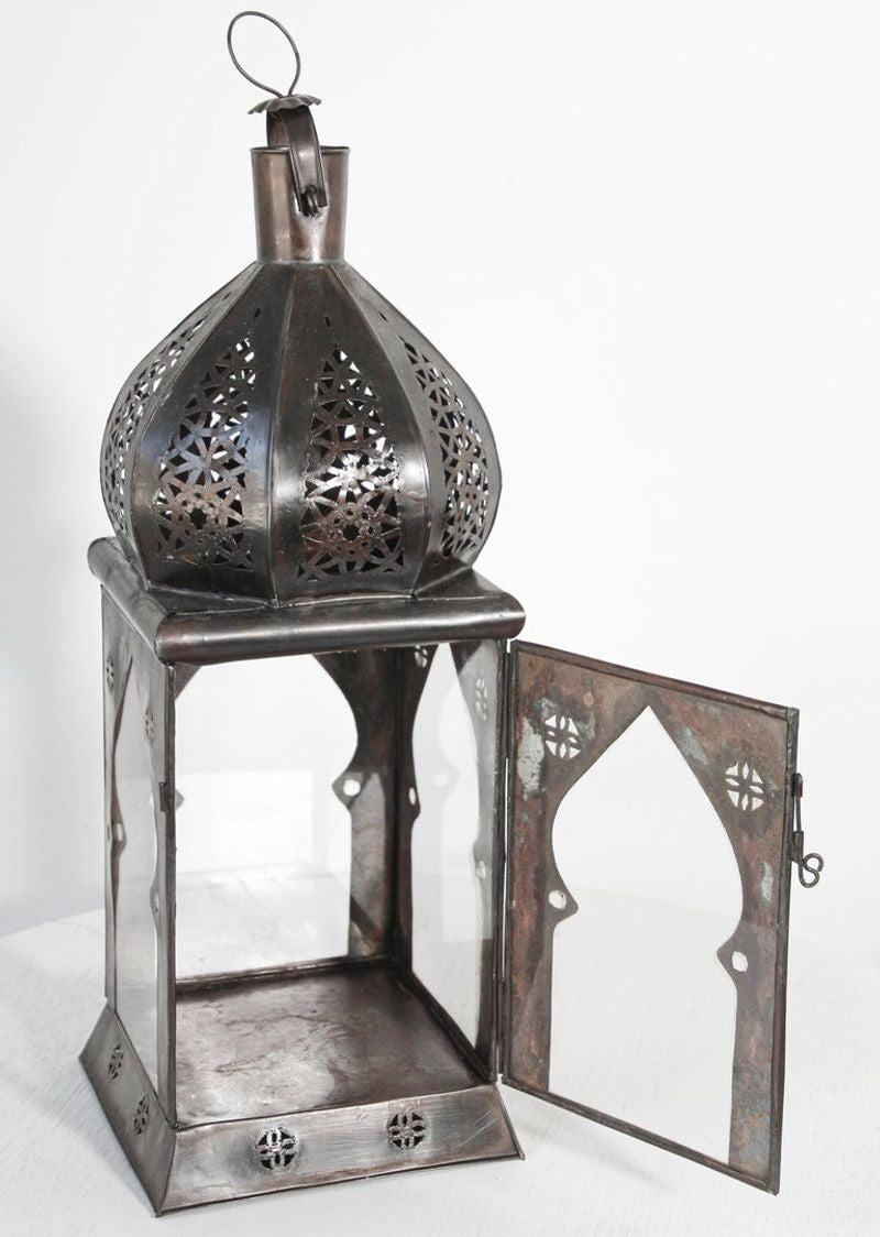 Moroccan Moorish Square Tole and Clear Glass Candle Lantern