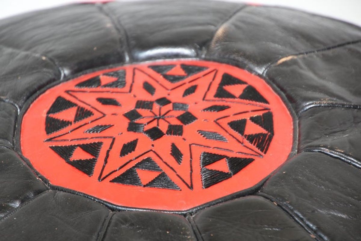 Vintage Moroccan Leather Pouf Hand-Tooled in Marrakesh Red and Black
