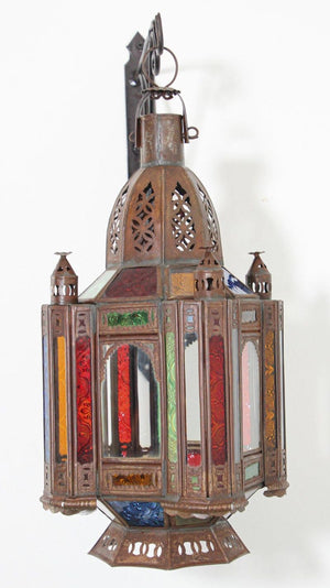 Vintage Moroccan Moorish Metal and Stained Glass Lantern or Pendant