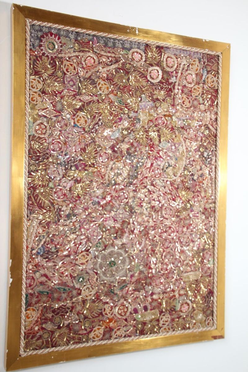 Mughal Embroidered Metal Threaded Tapestry from Rajasthan Framed