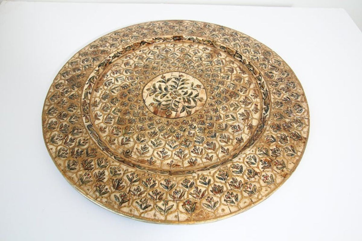 Indian Mughal style Overlaid and Hand Painted Metal Platter 1950