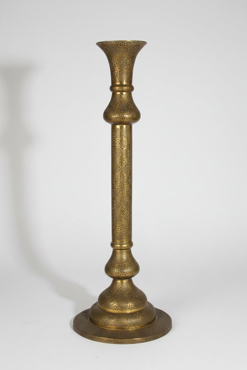 Monumental Middle Eastern Mamluk Revival Pierced Brass Floor Candlestick