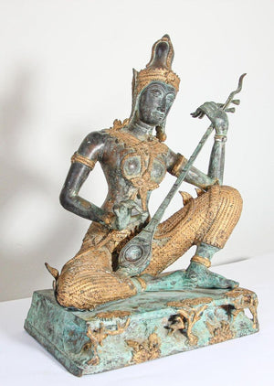 Asian Thai Gilt Vintage Bronze Statue of a Prince Playing Music