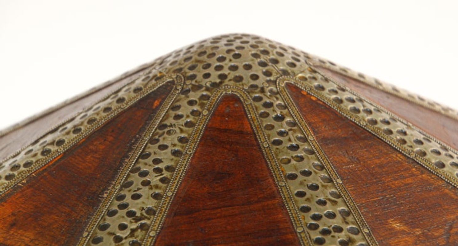 Large Asian Decorative Wooden Jewelry Box with Hammered Brass Metal Overlay