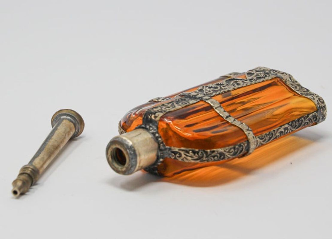 Moroccan Glass Perfume Bottle Sprinkler with Metal Overlay