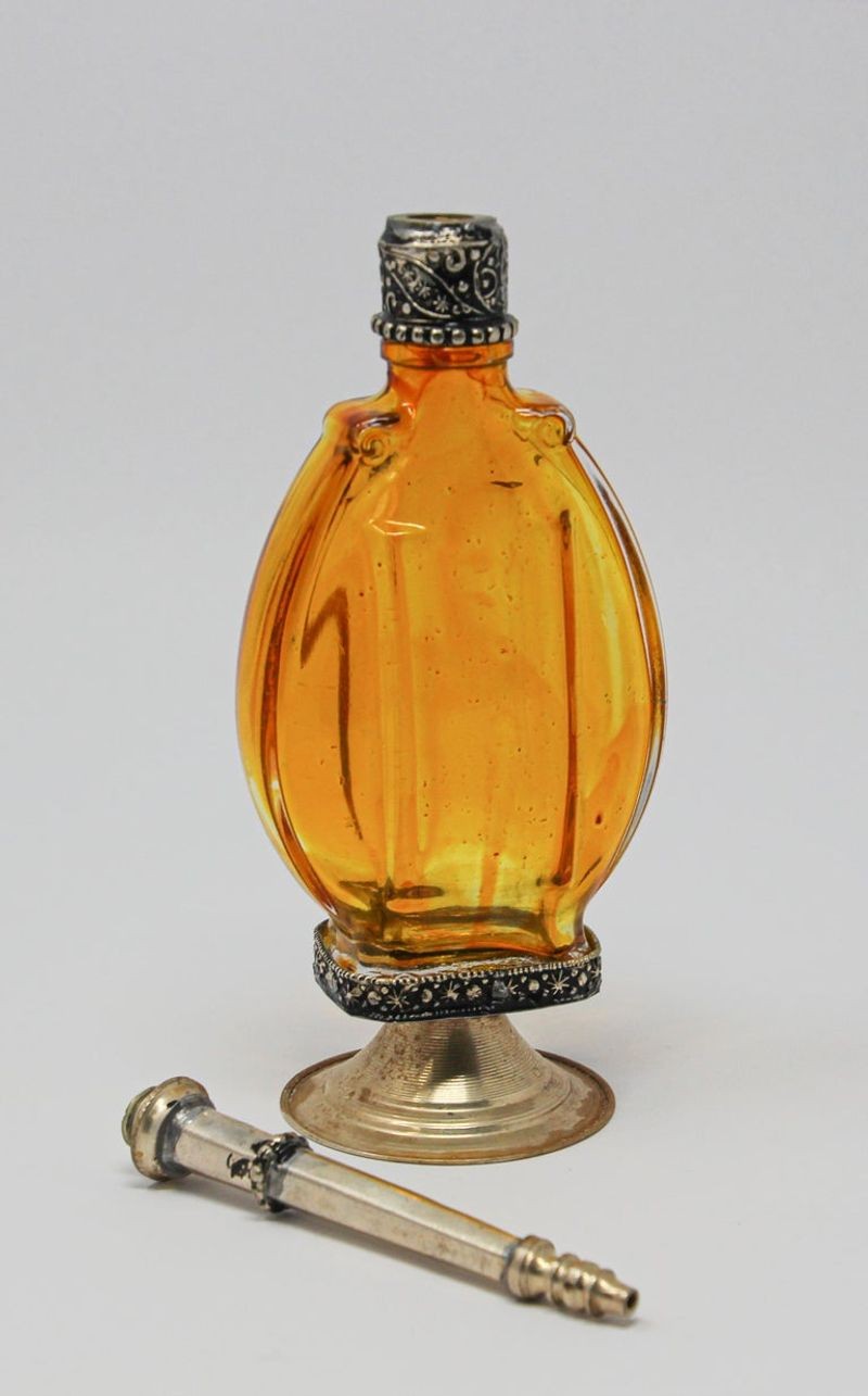 Moroccan Amber Footed Glass Perfume Bottle Sprinkler with Embossed Metal Overlay