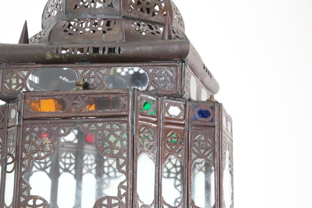 Vintage Moroccan Moorish Bronze Metal & Multicolor Glass Hanging Lantern
