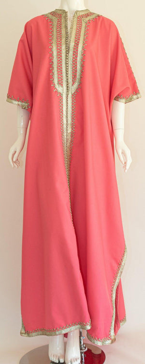 Moroccan Caftan Pink Color with Silver Trim, Vintage Kaftan circa 1970