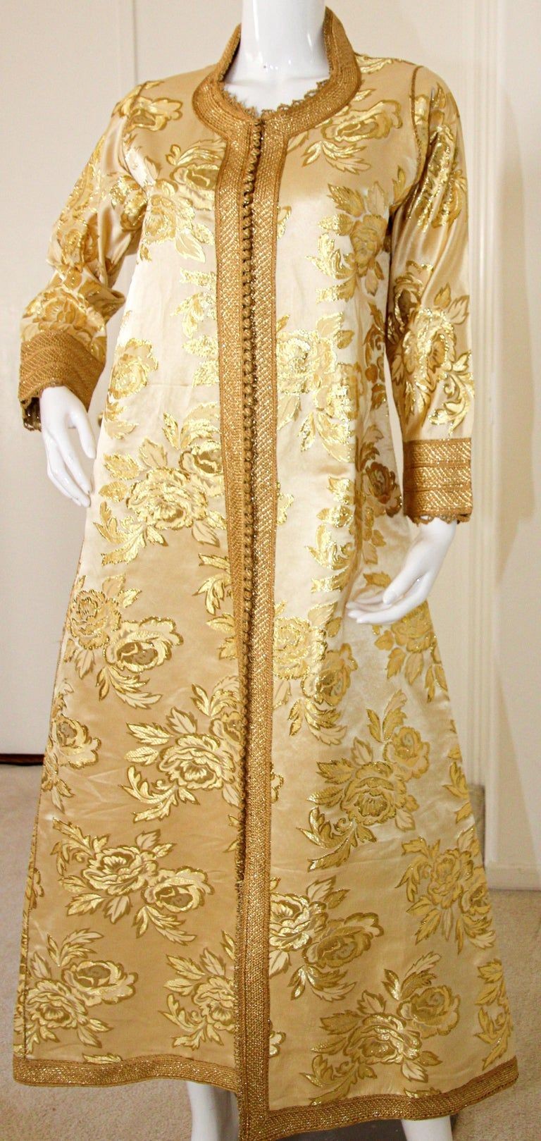 Moroccan Caftan Gold Damask Embroidered, Vintage, 1960s