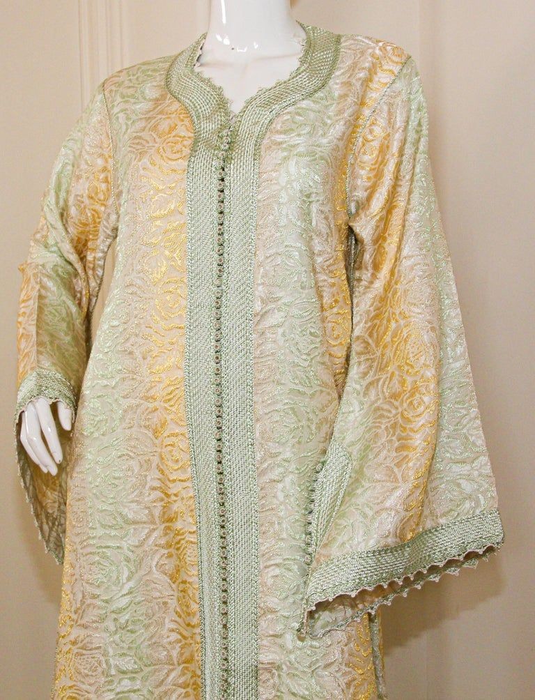 Vintage Moroccan Kaftan, Gold and Sage Damask Embroidered, ca. 1970s