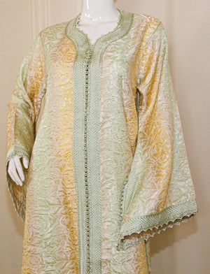 Vintage Moroccan Kaftan, Gold and Sage Damask Embroidered, ca. 1970s