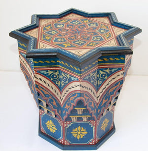 Moroccan Side Table Hand Painted Wood in Moorish Style 1960s
