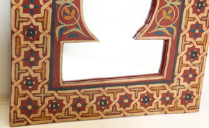 Vintage Moroccan Mirror Hand Painted with Red and Amber Moorish Design