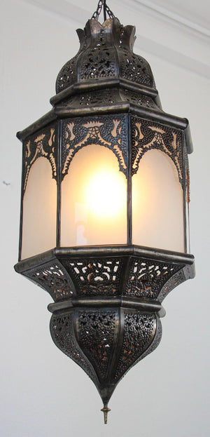 Moroccan Moorish Hanging Metal Lantern with Milky Glass