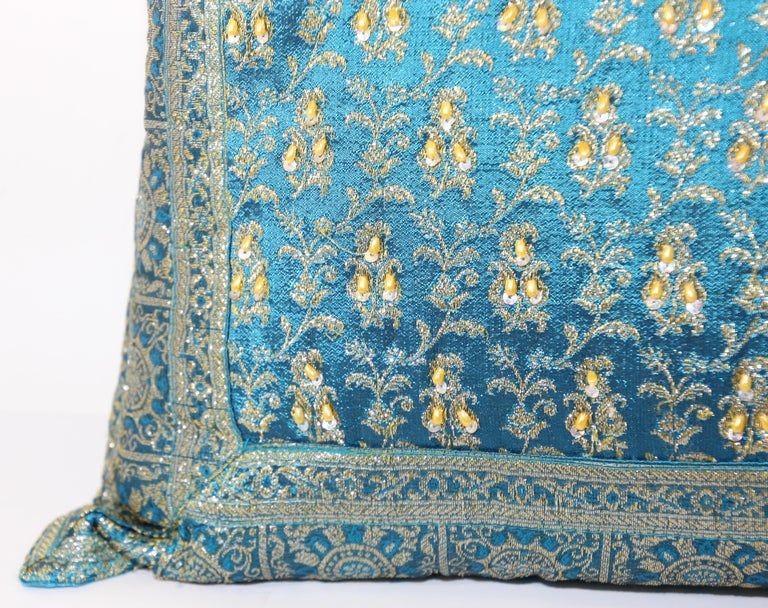 Turquoise Mughal Style Decorative Throw Pillow Embellished with Sequins and Bead