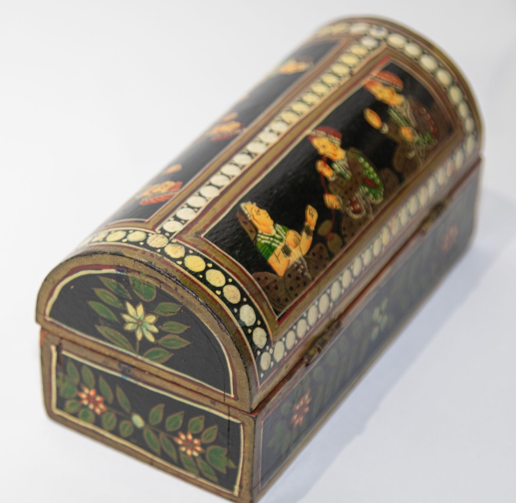 Indian Wood Pen Box with Hand Painted Figural Scenes