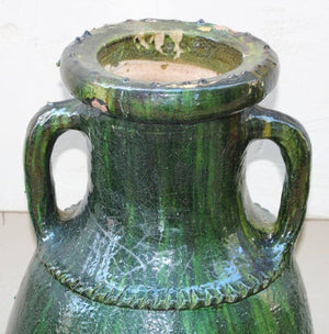 Vintage Moroccan Tamgroute Green Olive Jar with Handles