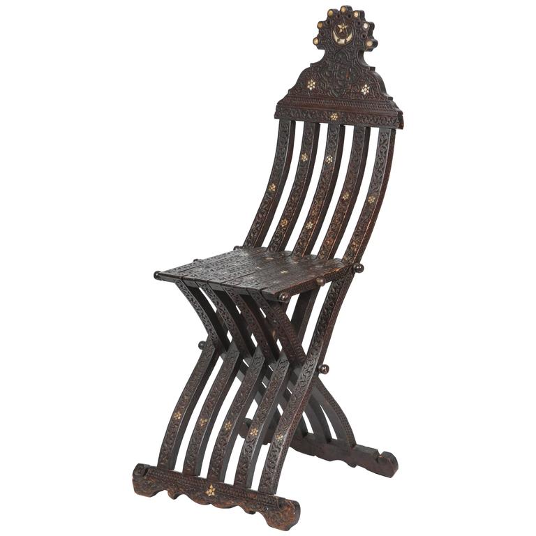 19th Century Syrian Wood Inlaid Folding Chair