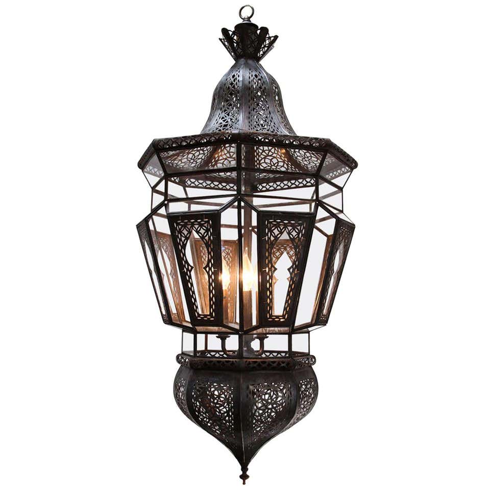 Vintage Moroccan Moorish Clear Glass Pierced Metal Lantern Chandelier, 1980s