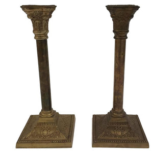Pair of Antique Victorian Brass Candlesticks Square Base