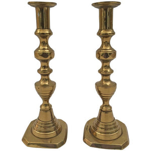 19th C. Pair of Victorian English Brass Beehive Candlesticks